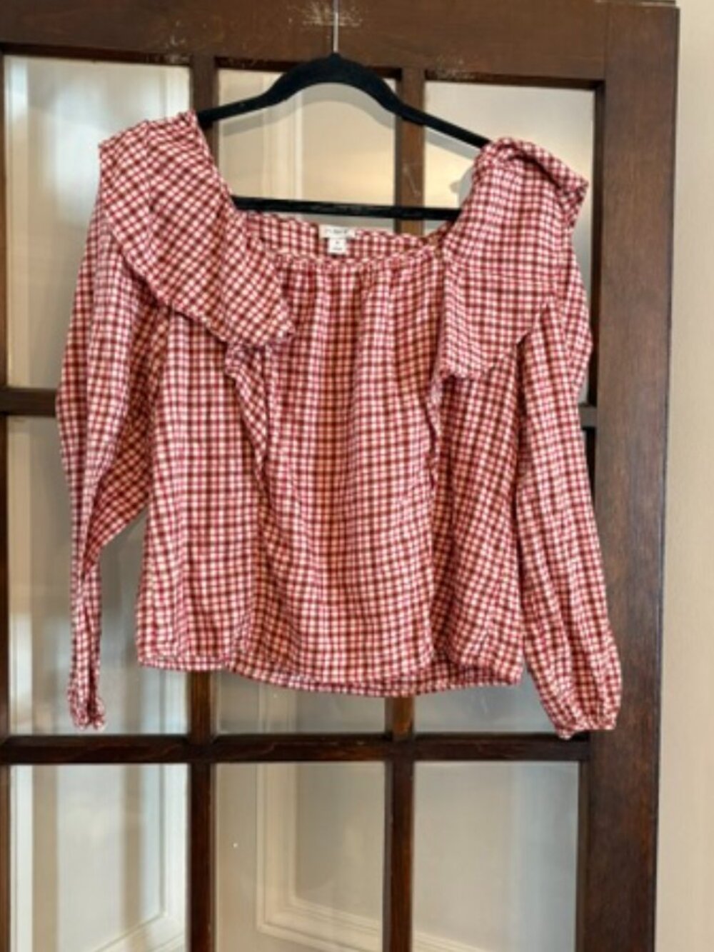 J.Crew Factory Red Gingham Flannel Blouse with Ruffles, Size Small